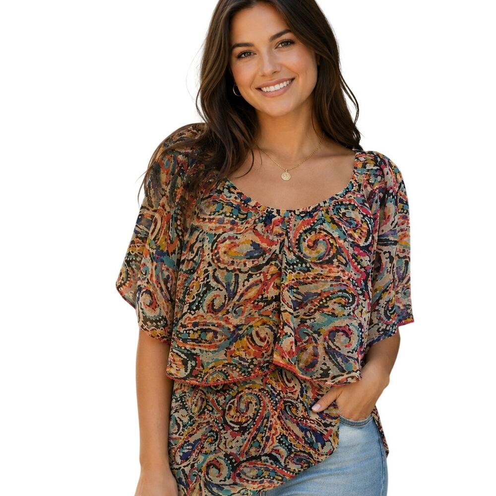 Atina Cristina Sheer Flounce Top Womens Medium/Large Multicolor Paisley Colorful